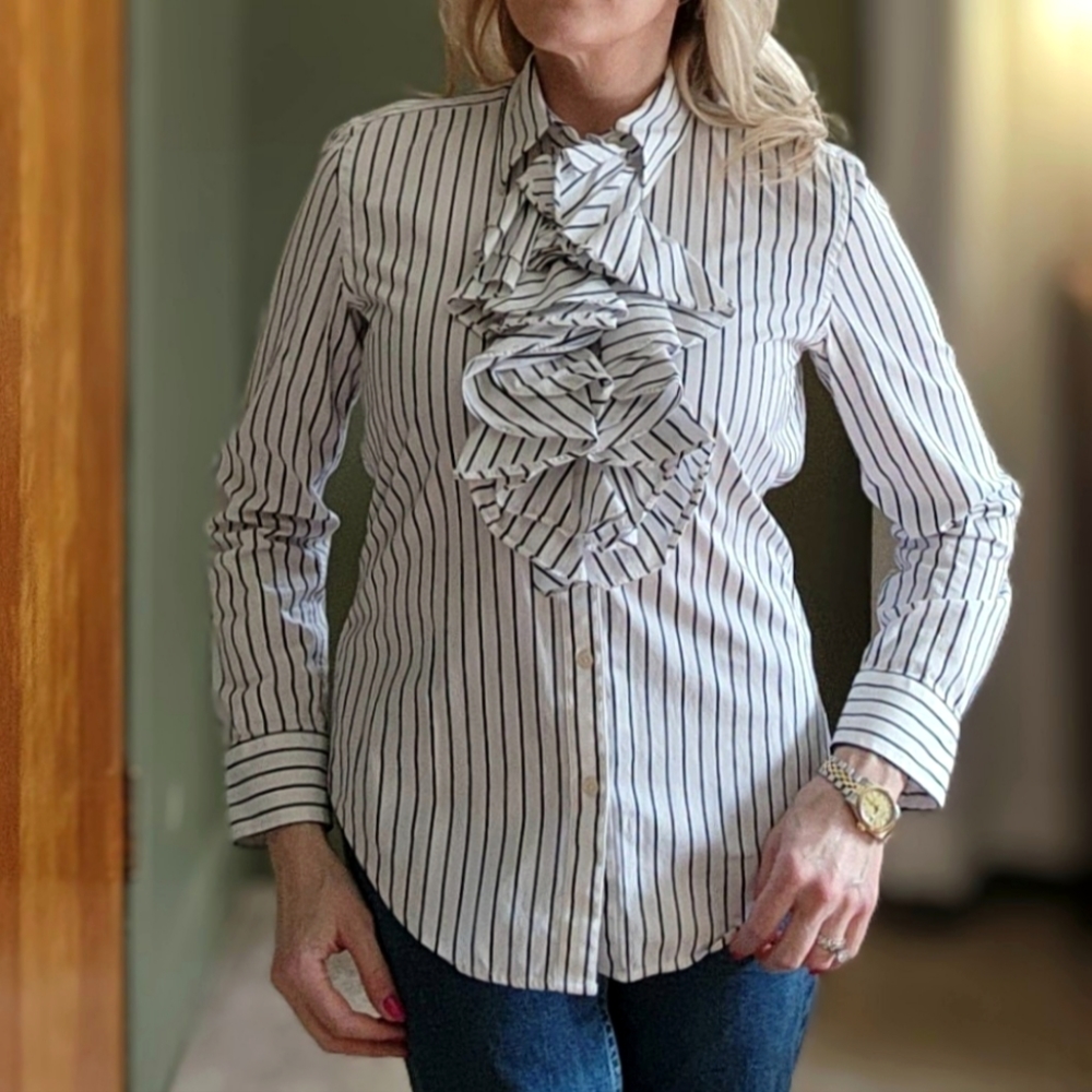 Lauren Ralph Lauren black and white striped ruffled shirt, size XS
